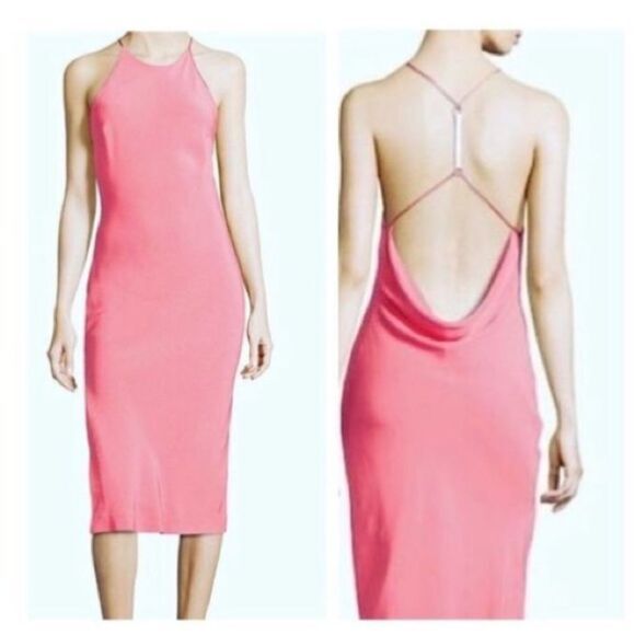 Halston Womens Midi Length Draped‎ Back with Logo Hardware Sz 0 Coral $395 NWT - Picture 1 of 9